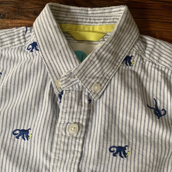 4-5 Mini Boden Blue Striped Monkey Button Down Shirt - Picture 2 of 11
